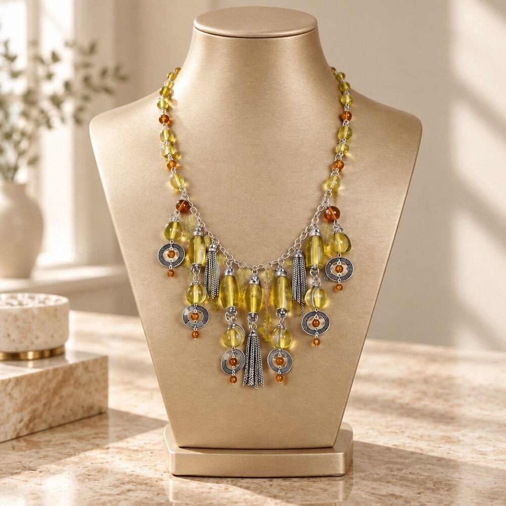 Vintage New Glass Beaded Fringe Statement Necklace
